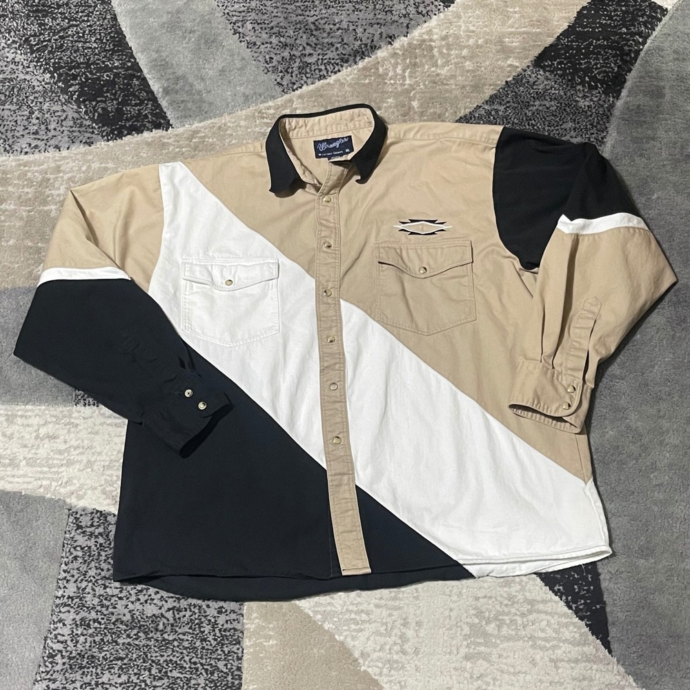 Wrangler Western Shirt Mens XL‎ Brown Black Colorblock Pearl Snap Cowboy Rodeo